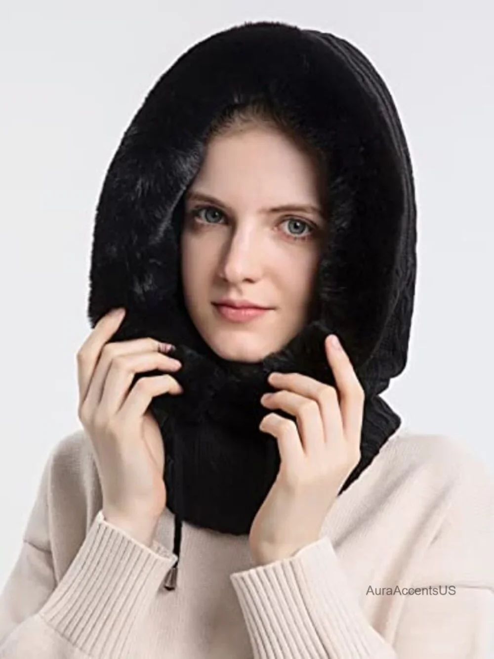 Women's All-in-One Faux Fur Lined Winter Balaclava Beanie Scarf Mask